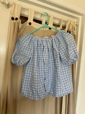 Upcycled/Handmade Light Blue Gingham Babydoll Puff Sleeve Button Front Top